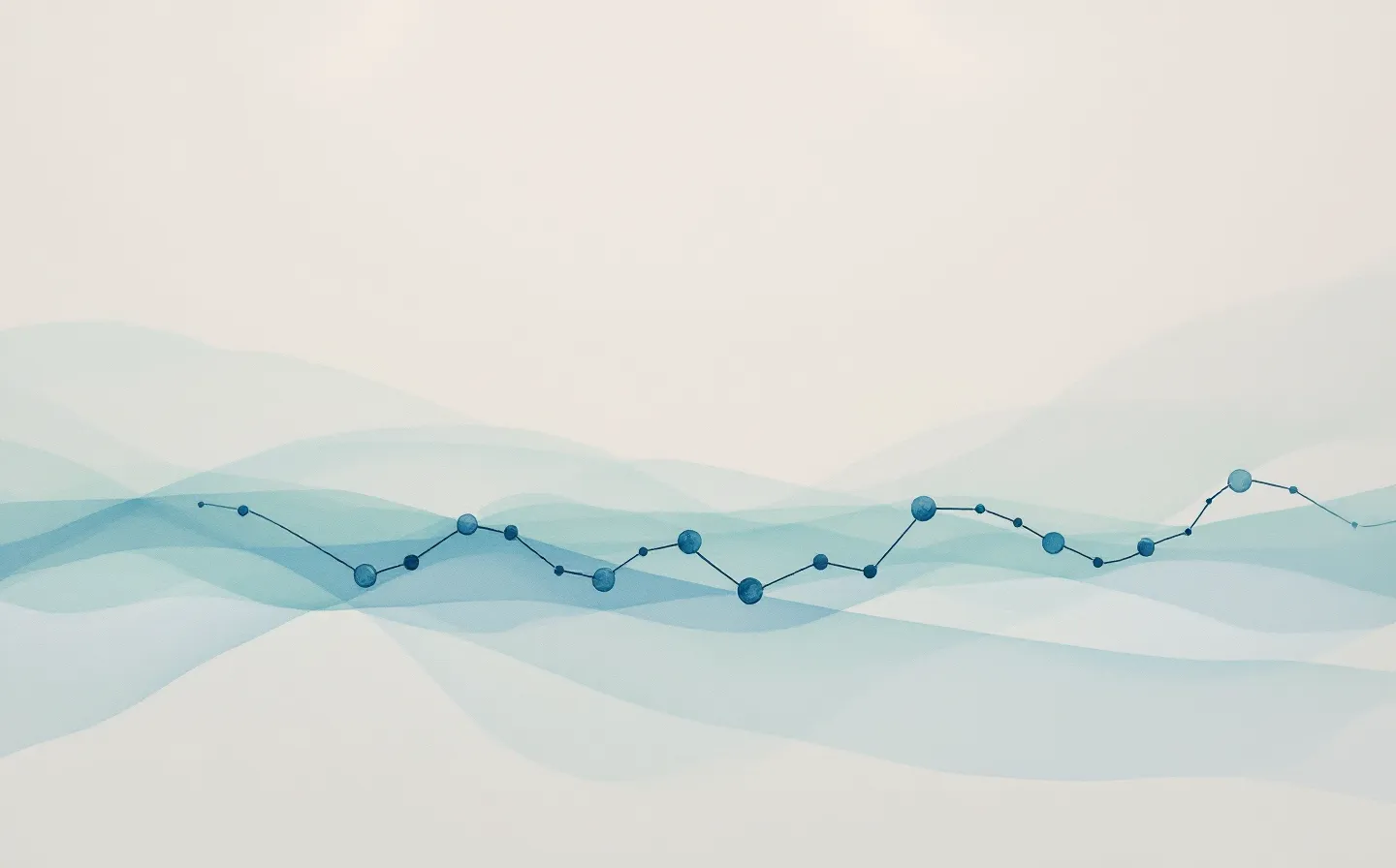 Soft watercolor illustration of an abstract peptide chain ending at an albumin sphere, in slate blue and ocean pearl on warm driftwood paper